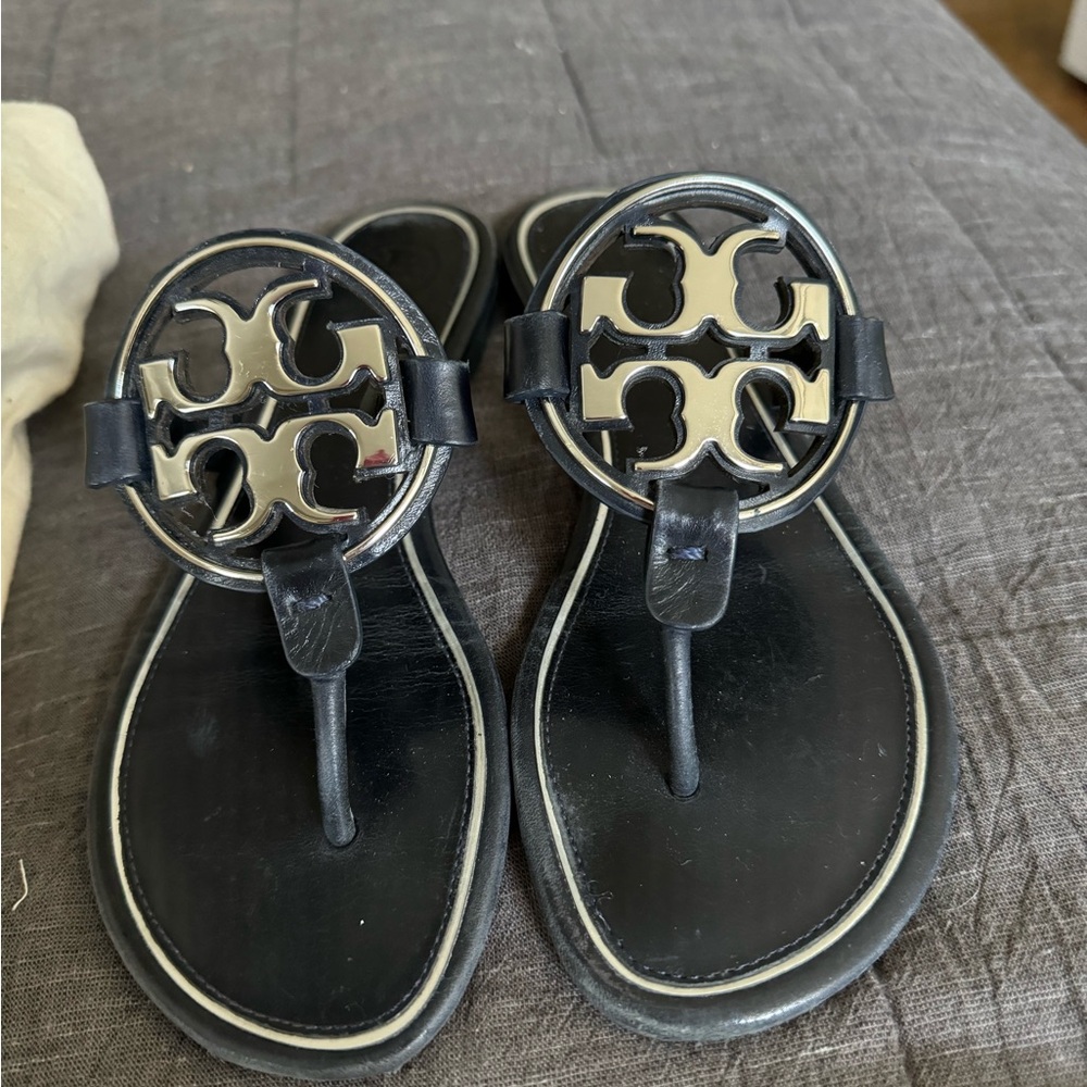 Tory Burch Black Leather Logo Thong Sandals with Gold Logo